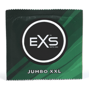Groen EXS Jumbo condoomfolie met rond merklogo en subtiele schuine lijnen, frontaal op witte achtergrond