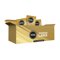 EXS Magnum condooms 144 stuks in goudkleurige doos met losse folieverpakkingen op witte achtergrond