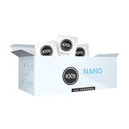 EXS Nano Thin condooms 53 mm in witte dispenserdoos met losse zakjes zichtbaar op lichte achtergrond