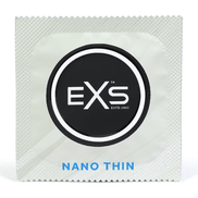 EXS Nano Thin condoomverpakking in zilverwit zakje met zwart EXS-logo en blauwe naamdetails