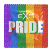 EXS Pride condoomverpakking met verticale regenboogstrepen en grote Pride tekst op witte achtergrond