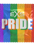 EXS Pride condoomverpakking met verticale regenboogstrepen en grote Pride tekst op witte achtergrond