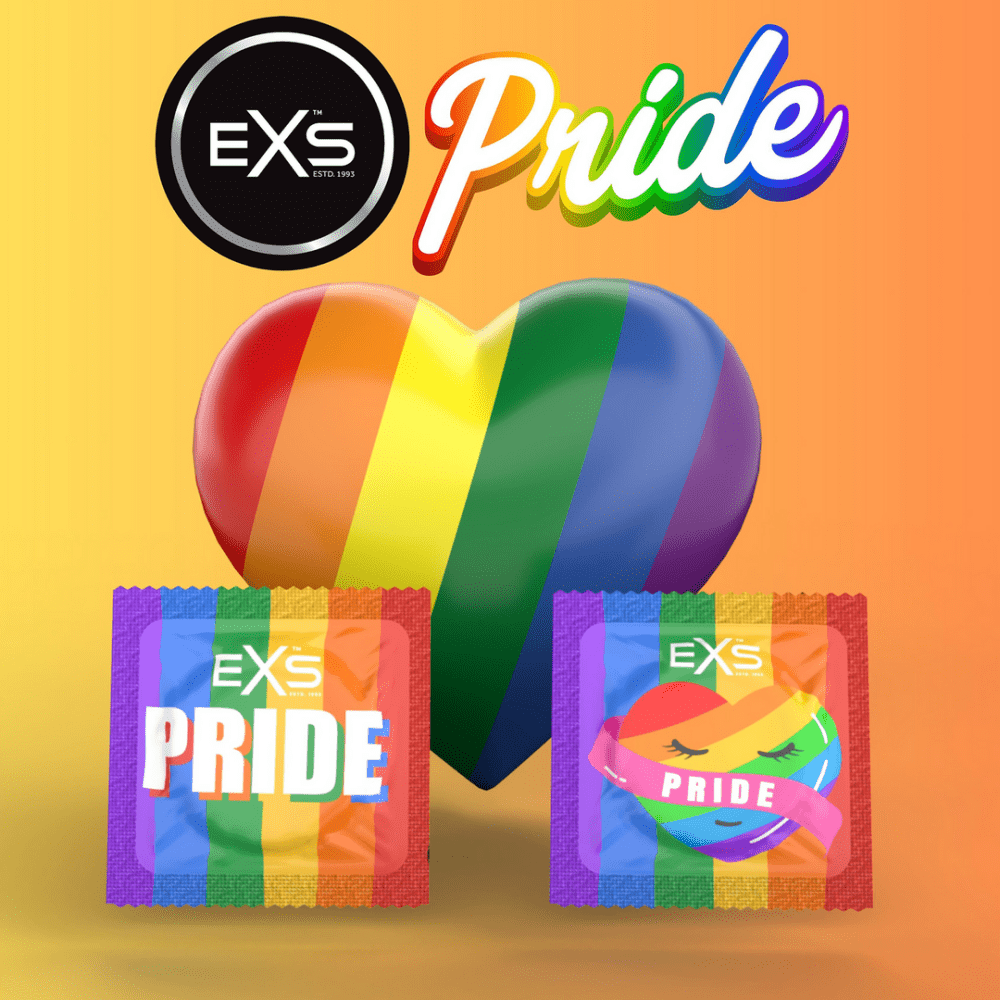 EXS Pride condooms in kleurrijke display met regenbooghart en losse verpakking op oranje achtergrond