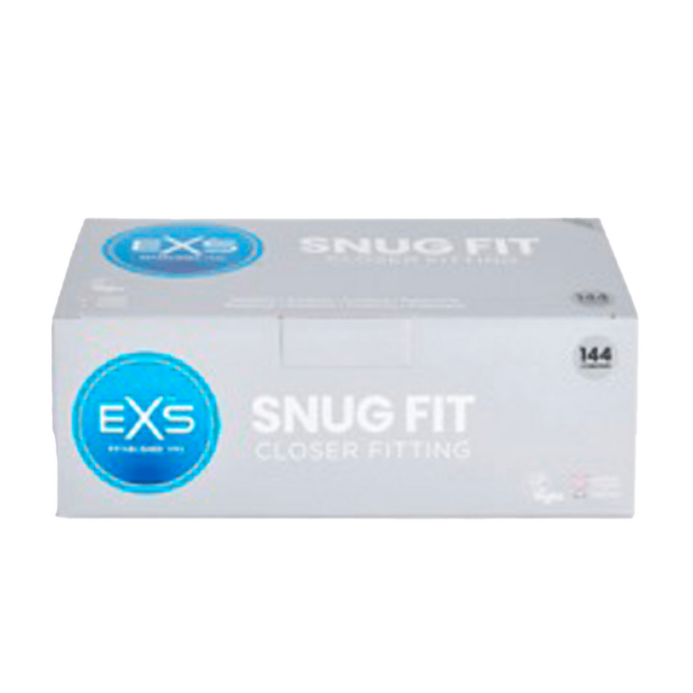 Witte EXS Snug Fit condoomdoos 49 mm met blauwe aanduiding, liggend gefotografeerd