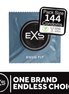 EXS Snug Fit condooms 49 mm met zwarte 144 stuks verpakking en merkbanner op witte achtergrond