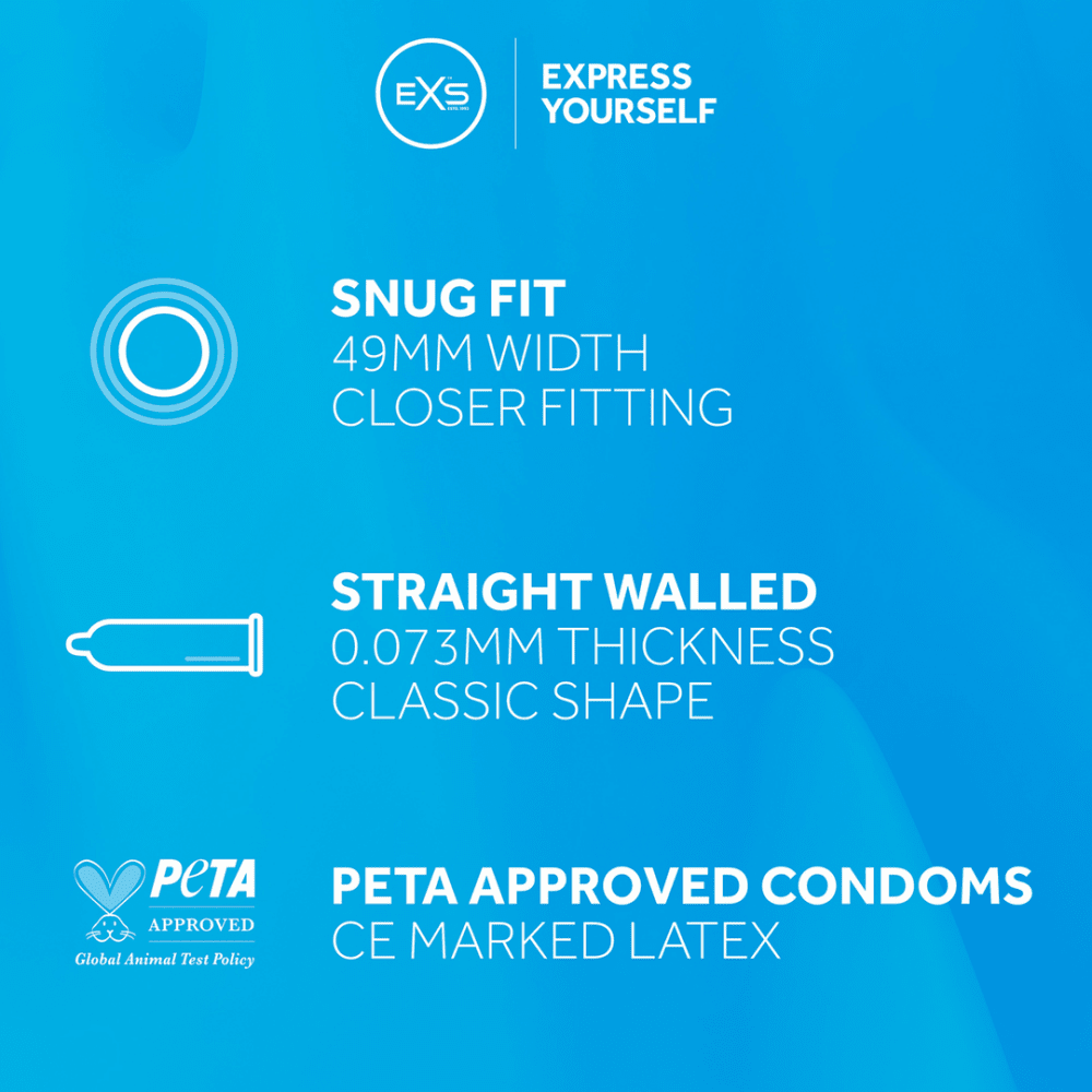 Blauwe EXS Snug Fit productkaart met zichtbare pasvorminformatie en 49 mm maatvermelding