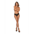 Model draagt Dreamgirl lace tanga panty open kruis zwart, maat M, vooraanzicht met kanten tailleband.