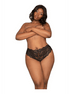 Dreamgirl kantstring met open kruis, zwart kant, plus size maat 2X, vooraanzicht op model