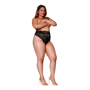 Model draagt Dreamgirl hoge taille kanten slip zwart, maat 2X, vooraanzicht met hoge taille en kanten finish.