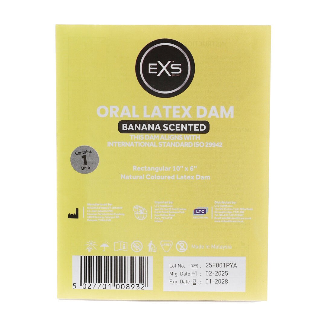 EXS monddam Banaan 1 stuk, gele verpakking frontaal op witte achtergrond met productlabel zichtbaar.
