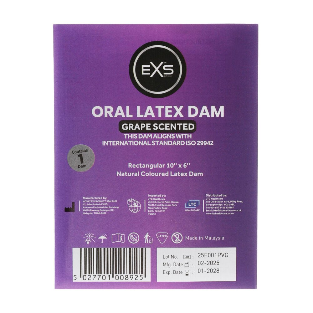 EXS Monddam Druif 1 stuk, paarse verpakking frontaal op witte achtergrond met productlabel zichtbaar.