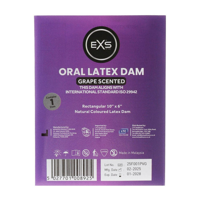 EXS Monddam Druif 1 stuk, paarse verpakking frontaal op witte achtergrond met productlabel zichtbaar.