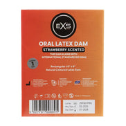 EXS Oral Dam aardbei 1 stuk, oranje verpakking met productinformatie en barcode op achterzijde