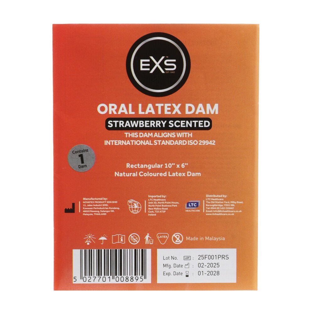 EXS Oral Dam aardbei 1 stuk, oranje verpakking met productinformatie en barcode op achterzijde