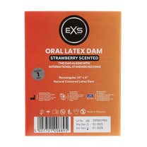 EXS Oral Dam aardbei 1 stuk, oranje verpakking met productinformatie en barcode op achterzijde