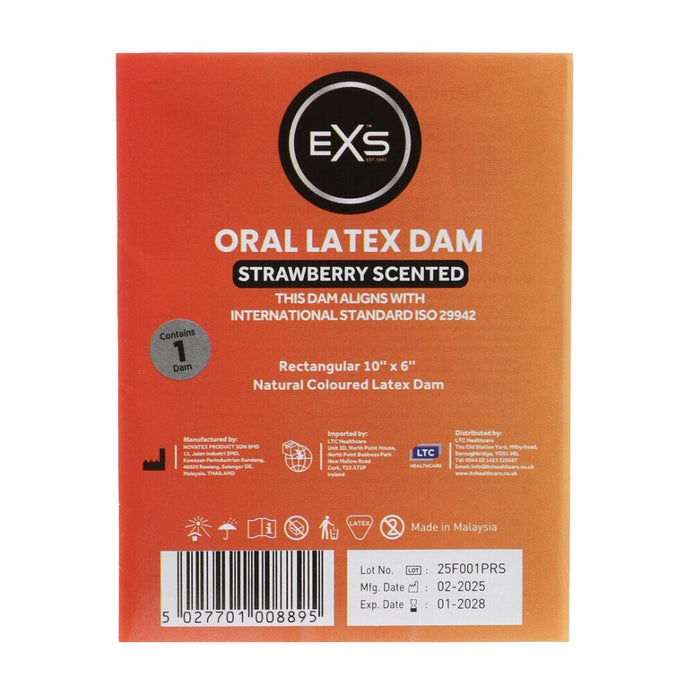 EXS Oral Dam aardbei 1 stuk, oranje verpakking met productinformatie en barcode op achterzijde