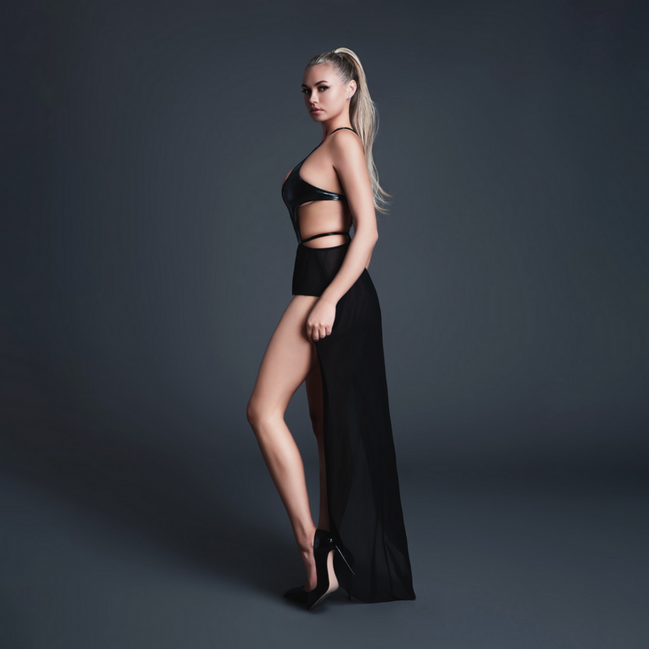 Take Me - Body de vinilo with aspecto de latex y malla con falda coqueta - M - Negro