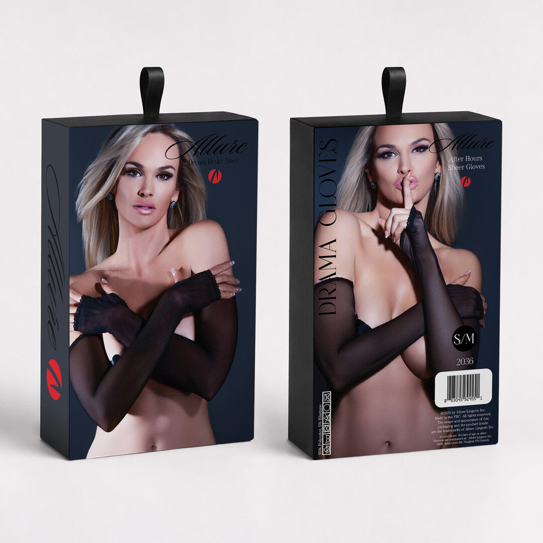 Verpakking van Allure Drama Gloves, voor- en achterkant