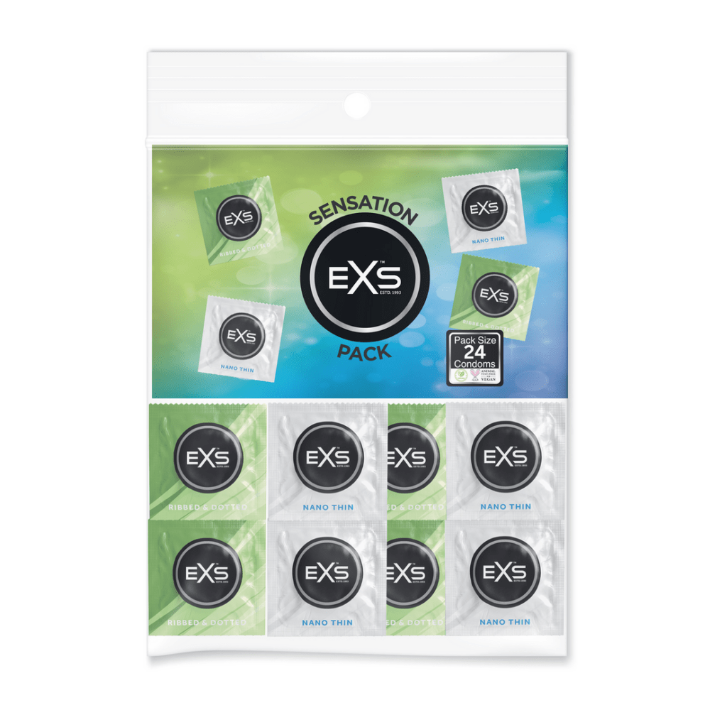 EXS Sensation Pack condooms 24 stuks, verpakking met meerdere varianten in groen en blauw