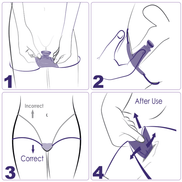 Instructiekaart voor EXS interne condooms non-latex met stapillustraties voor gebruik