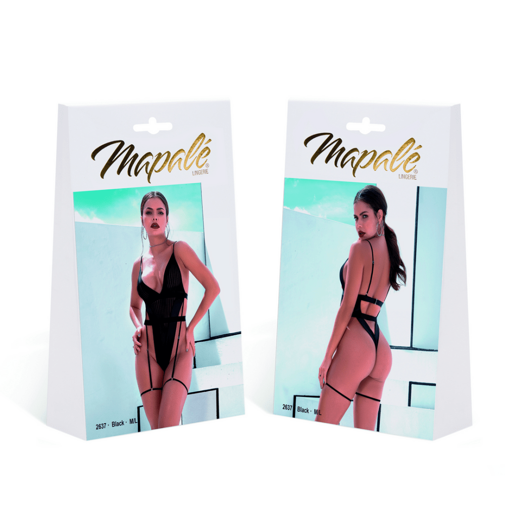 Verpakking Mapalé bodysuit mesh wetlook zwart, maat M/L, productdoos met foto voor en achterzijde