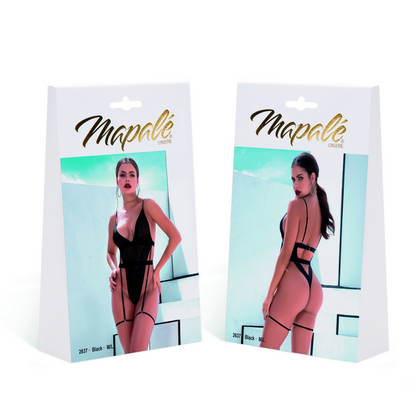 Mapalé Schwarzer Mesh-Body mit Kunstleder und Strapsen in Größe S/M
