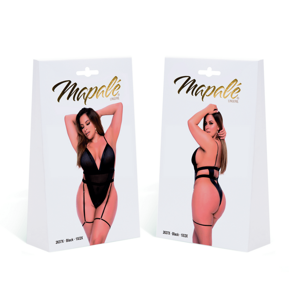 Mapalé Striped Mesh Faux Leather Bodysuit 3/4X