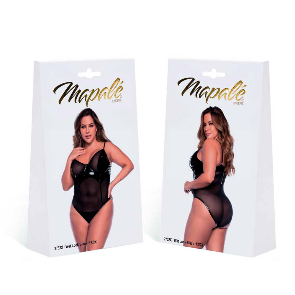 Verpakking Mapalé vinyl en mesh bodysuit nat zwart, maat 3/4X, productdoos met voor en achterfoto van model