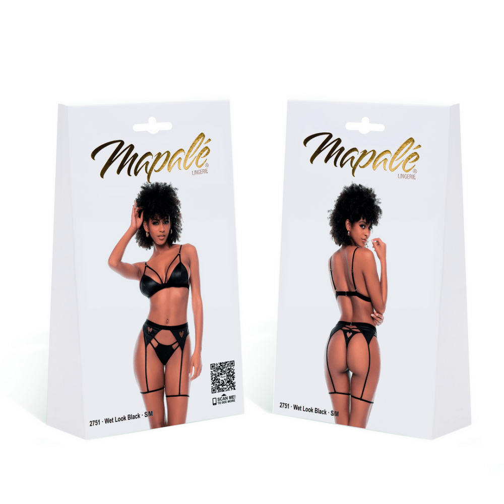 Mapalé Wetlook Lingerieset met Jarretel en Hartjes in maat S/M Zwart