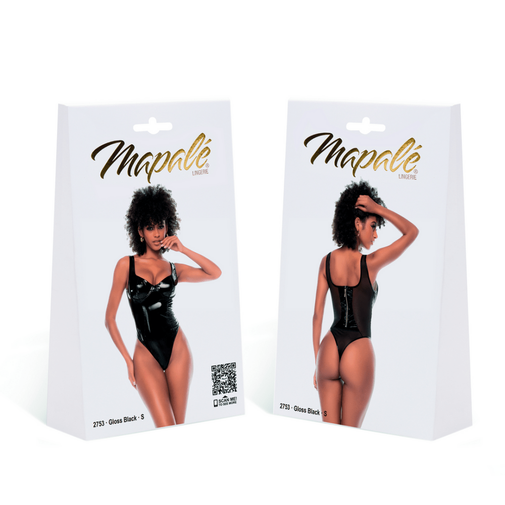 Mapalé Glossy Bodysuit met Tule en Beugelcups in maat M Zwart