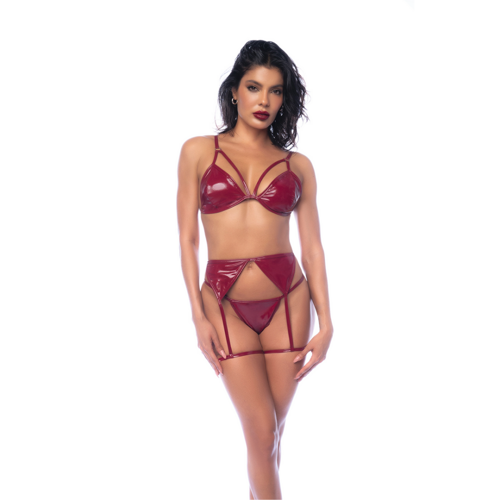 Mapalé Driedelige Lingerie Set in maat L | Bh, Jarretels en String | Wetlook Wijnrood