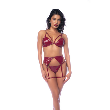 Mapalé Bh-Set met Jarretels en String in maat M | Driedelig Wetlook Wijnrood