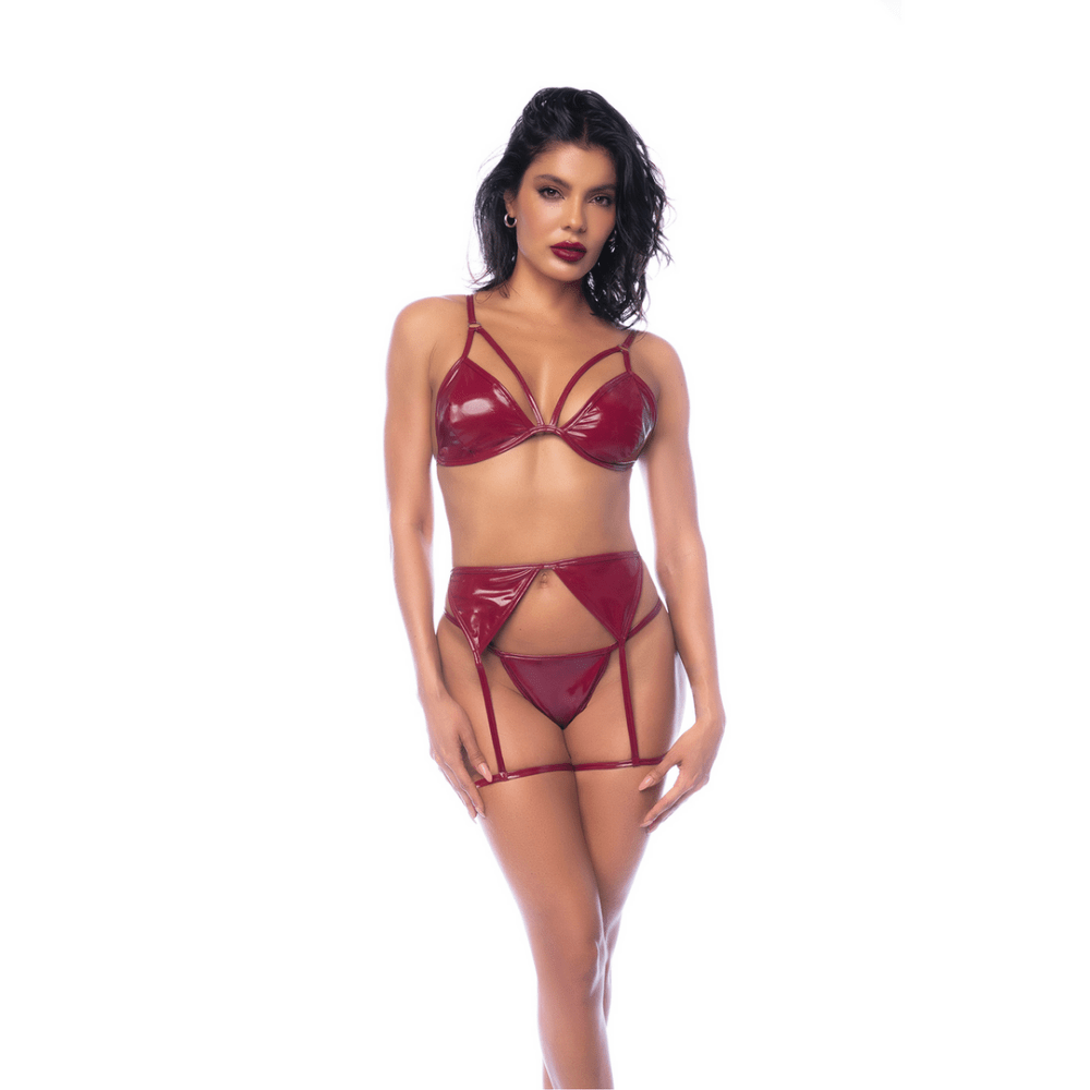 Mapalé Three-Piece Bra Set with Suspenders and Thong in Size XL | Wetlook Wine Red
