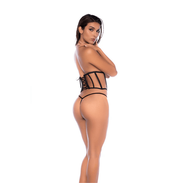 Mapalé korset set met G string in zwart one size, zijaanzicht van vrouw waarbij de strappy pasvorm elegant de taille volgt