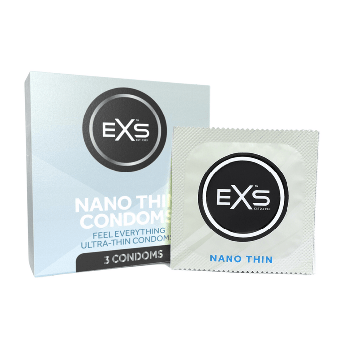 EXS Nano Thin condooms 3 stuks, witte doos met losse verpakking op witte achtergrond