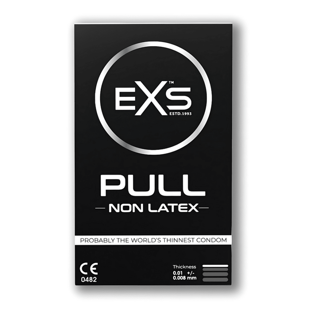 EXS Pull latexvrije condooms 3 stuks, zwarte doosverpakking met witte producttekst