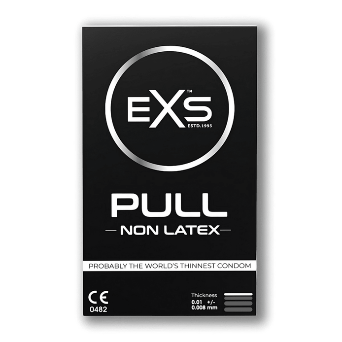 EXS Pull latexvrije condooms 3 stuks, zwarte doosverpakking met witte producttekst