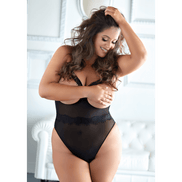 Allure zwarte mesh teddy maat 2X/3X met open cups, wimperkant en halterband voor plus size lingerie