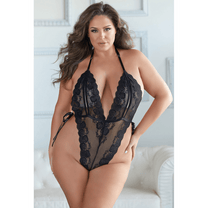 Allure lace teddy open cups zwart, maat 1X/2X, vooraanzicht, kanten body met open cups en diepe V-lijn