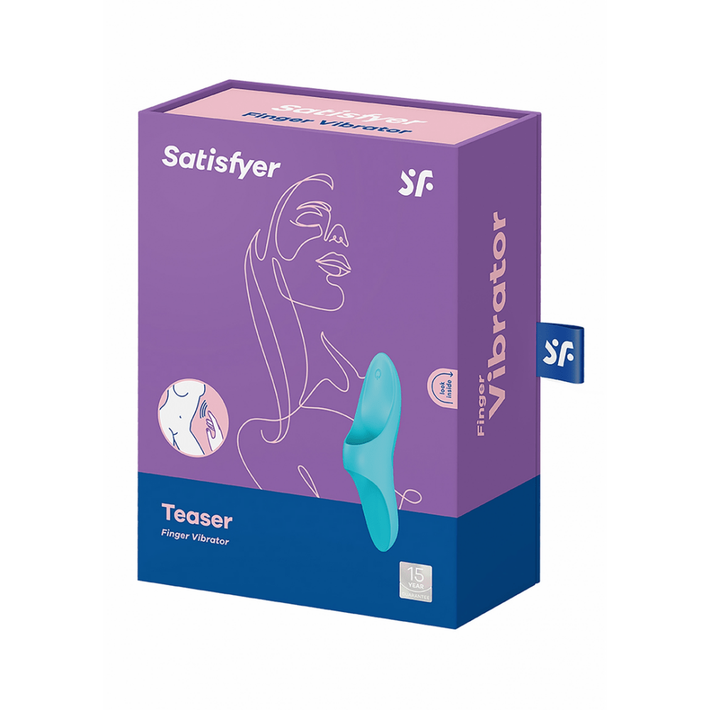 Verpakking van Satisfyer Teaser fingervibrator lichtblauw, doosje met productafbeelding, frontaal gefotografeerd