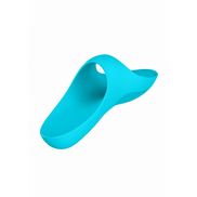 Lichtblauwe Satisfyer Teaser fingervibrator, zijaanzicht met zachte curves, minimalistische studiofoto