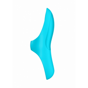 Satisfyer Teaser vingervibrator in lichtblauw, close-up van de tip voor precieze touch, scherpe detailfoto