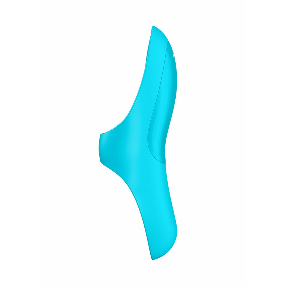 Satisfyer Teaser vingervibrator in lichtblauw, close-up van de tip voor precieze touch, scherpe detailfoto
