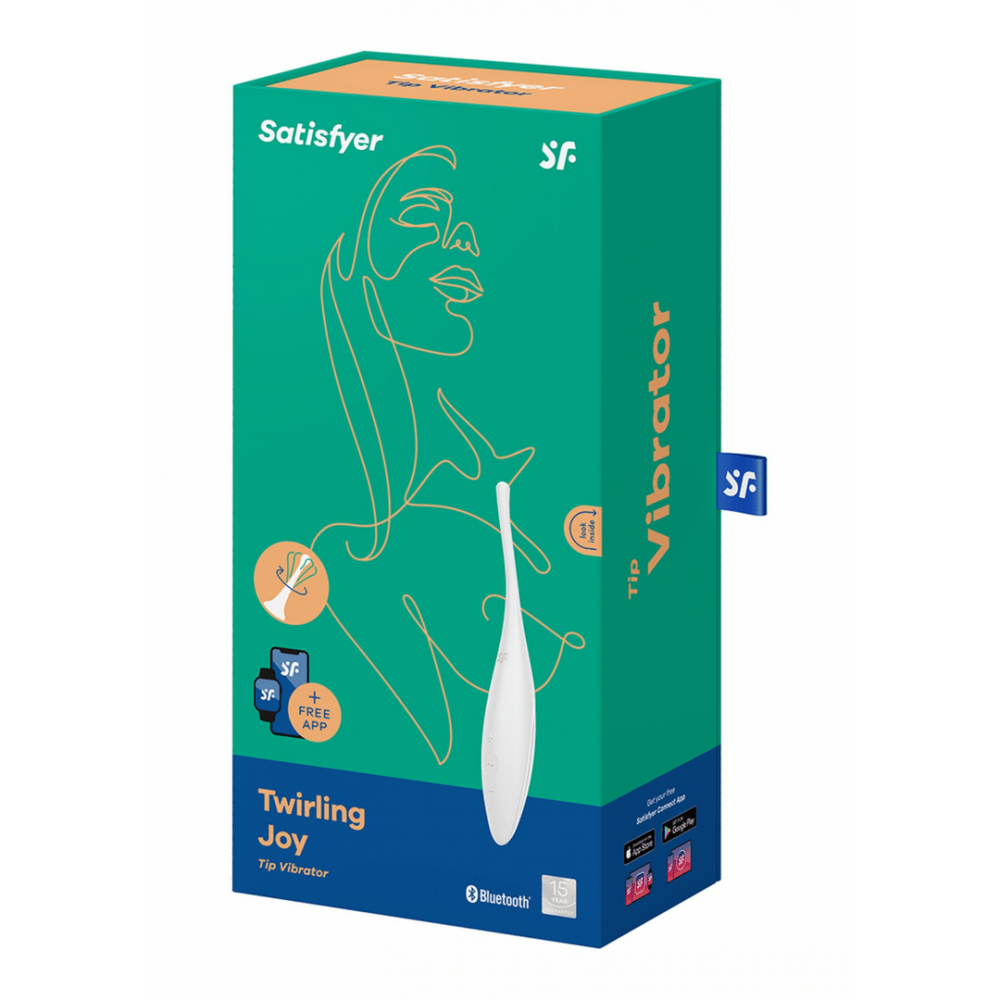 Verpakking van Satisfyer Twirling Joy tip vibrator wit, doosfoto met productafbeelding, retail packaging