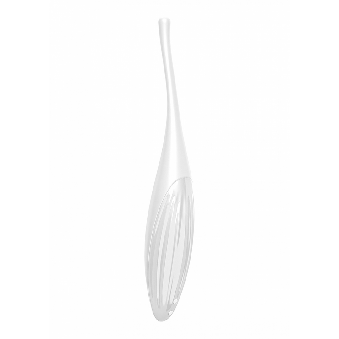 Witte Satisfyer Twirling Joy tip vibrator, zijaanzicht met elegante vorm, compacte clitorale stimulator