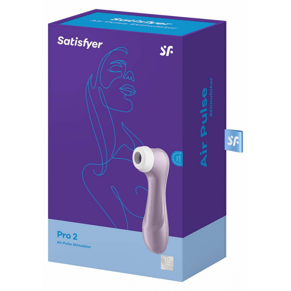 Satisfyer Pro 2 air pulse clitorisstimulator lila, productverpakking in paars met afbeelding van het apparaat, studio