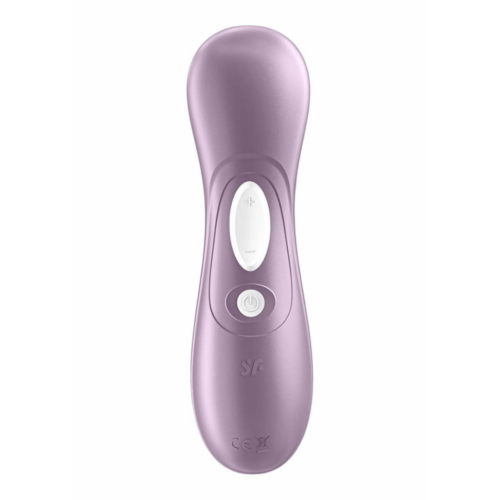 Satisfyer Pro 2 air pulse clitorisstimulator lila, vooraanzicht met twee bedienknoppen, matte siliconen afwerking