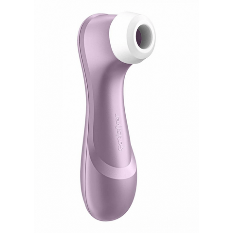 Satisfyer Pro 2 air pulse clitorisstimulator lila, zijaanzicht met ronde opening en zilverkleurige rand, wit studio