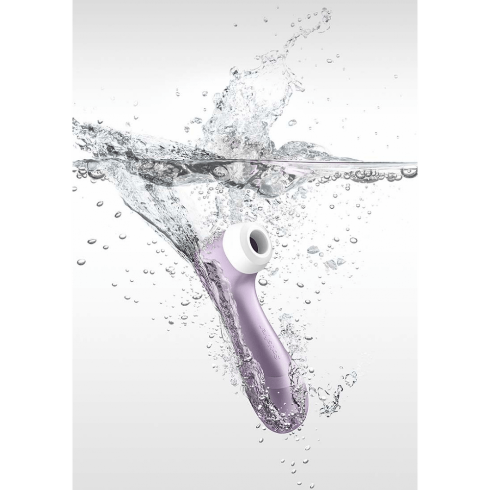 Satisfyer Pro 2 air pulse clitorisstimulator lila, close-up met waterdruppels, waterbestendige behuizing