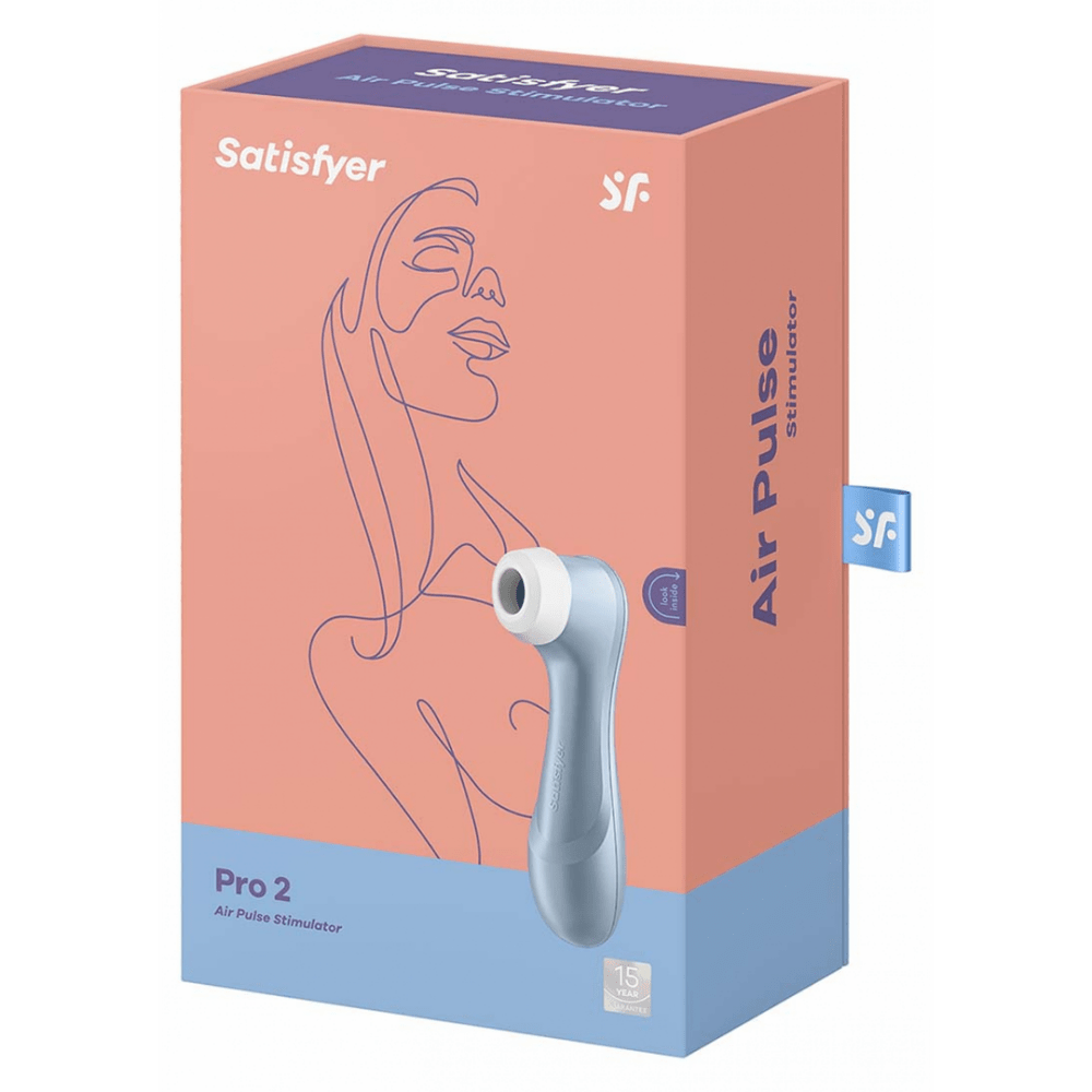 Satisfyer Pro 2 air pulse clitorisstimulator blauw, verpakking productdoos, merknaam en model op de voorkant